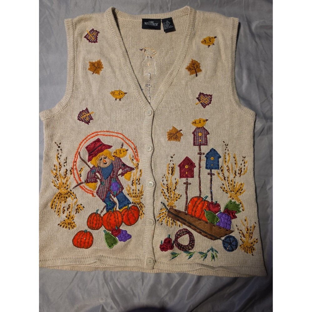 Vtg 90s Halloween Scarecrow Sweater M Pumpkin Jackolantern Grannycore Vest Fall